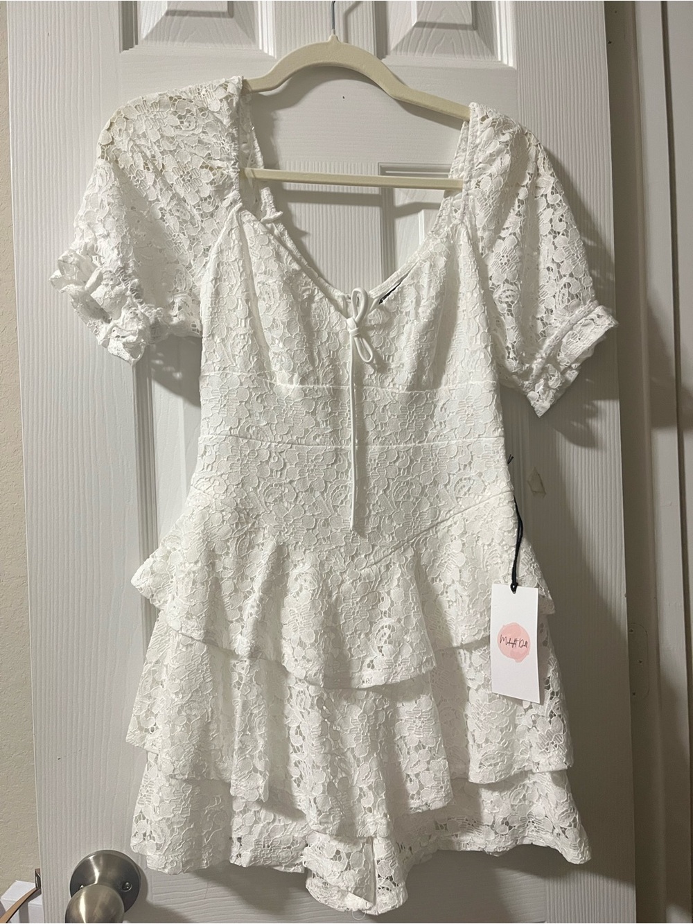 White Lace Tiered Mini Dress with Puff Sleeves and Tie Front
